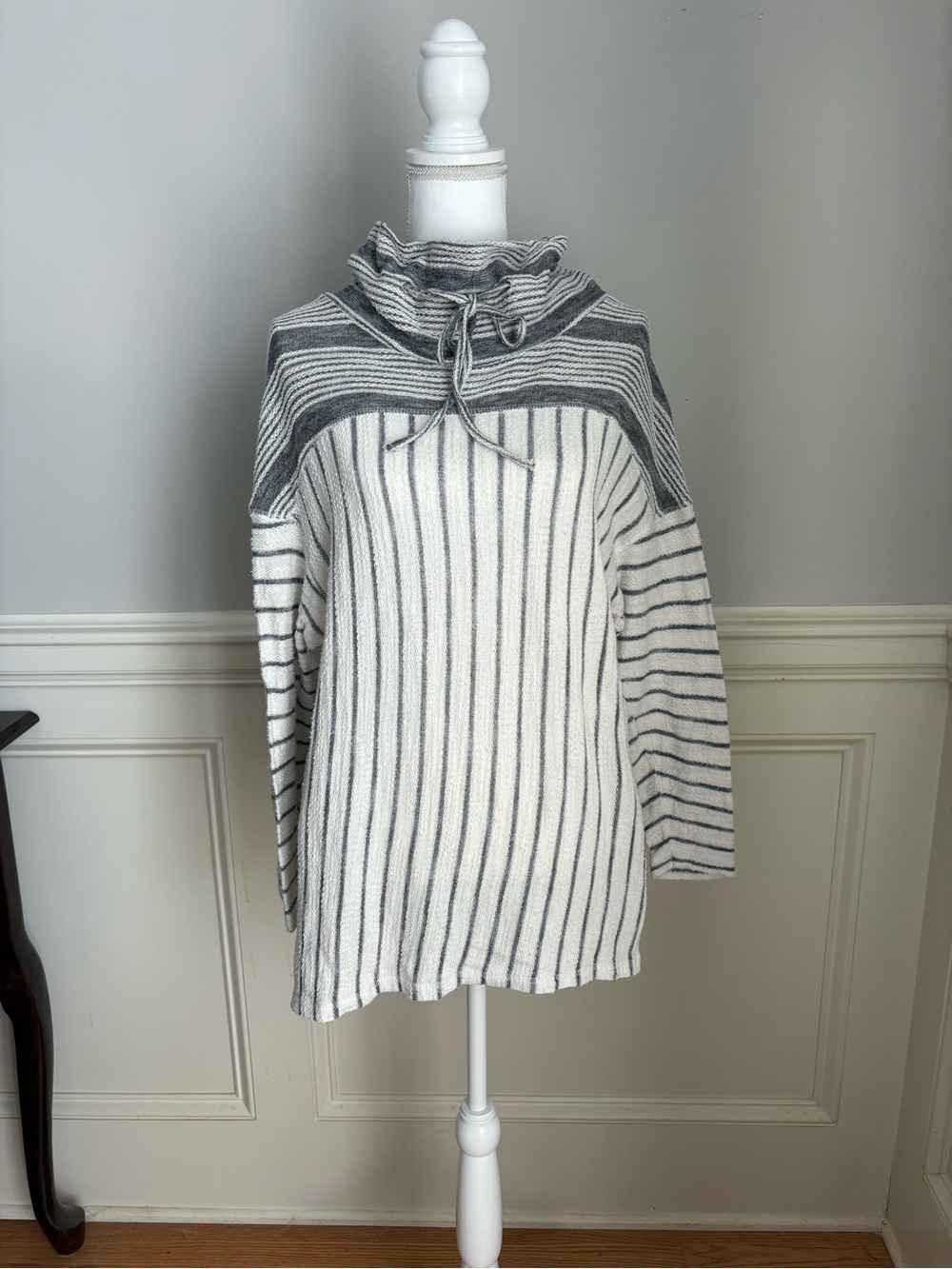 Umgee Gray and White Striped Funnel Neck Boho Tunic